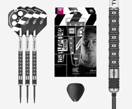 Target Hollywood Action SP 90% tungsten darts set with Swiss Point system and Chris Dobey flights